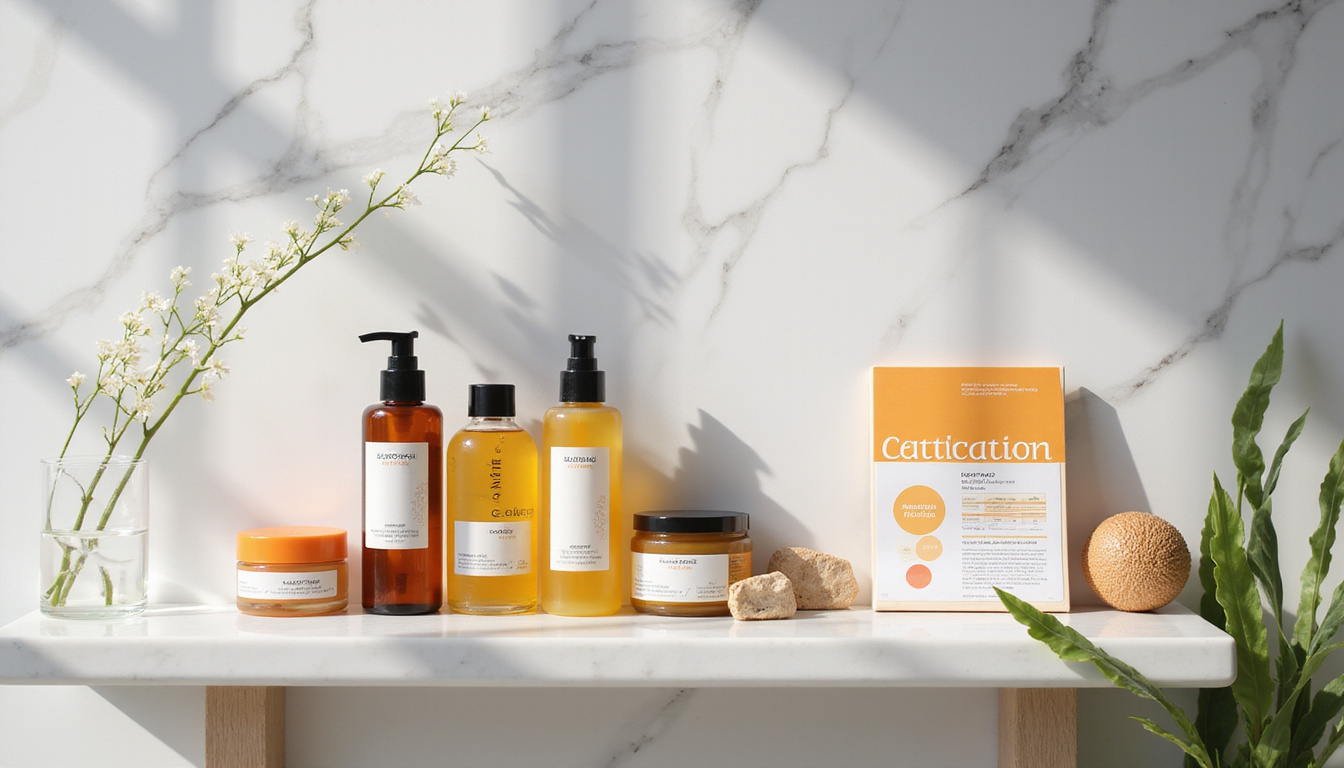  Minimalist spa shelf, artisanal fermented skincare bottles, certification seals, clinical efficacy charts, marble backdrop