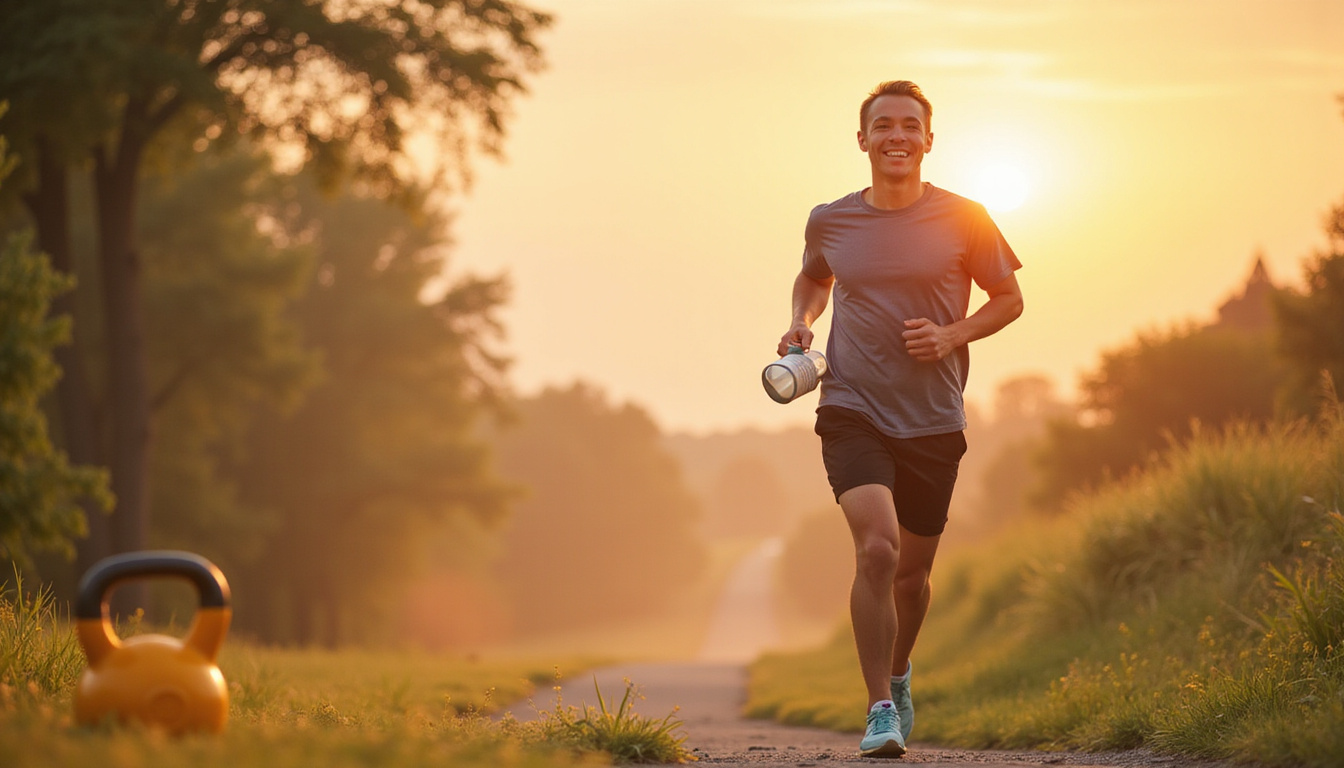  Vibrant morning energy: smiling person jogging, lightweight kettlebell, water bottle, fresh low-carb breakfast