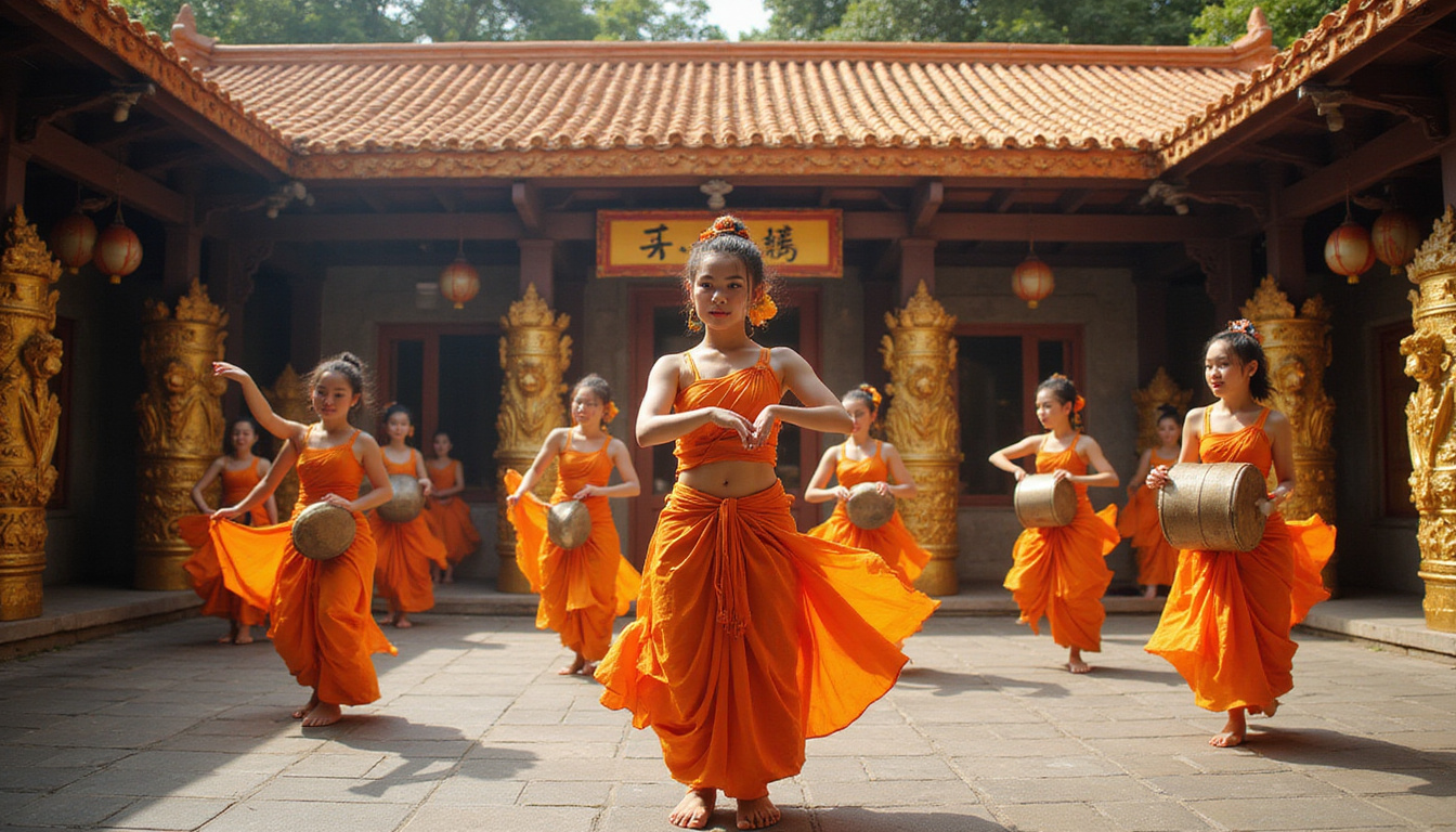  Temple courtyard performance, dancers and gong, vibrant sarongs, golden carvings, rhythmic blur, cinematic lighting