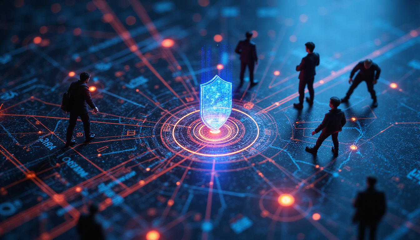  Incident response team restoring servers, holographic map, secure shield sealing compromised node, ticking stopwatch