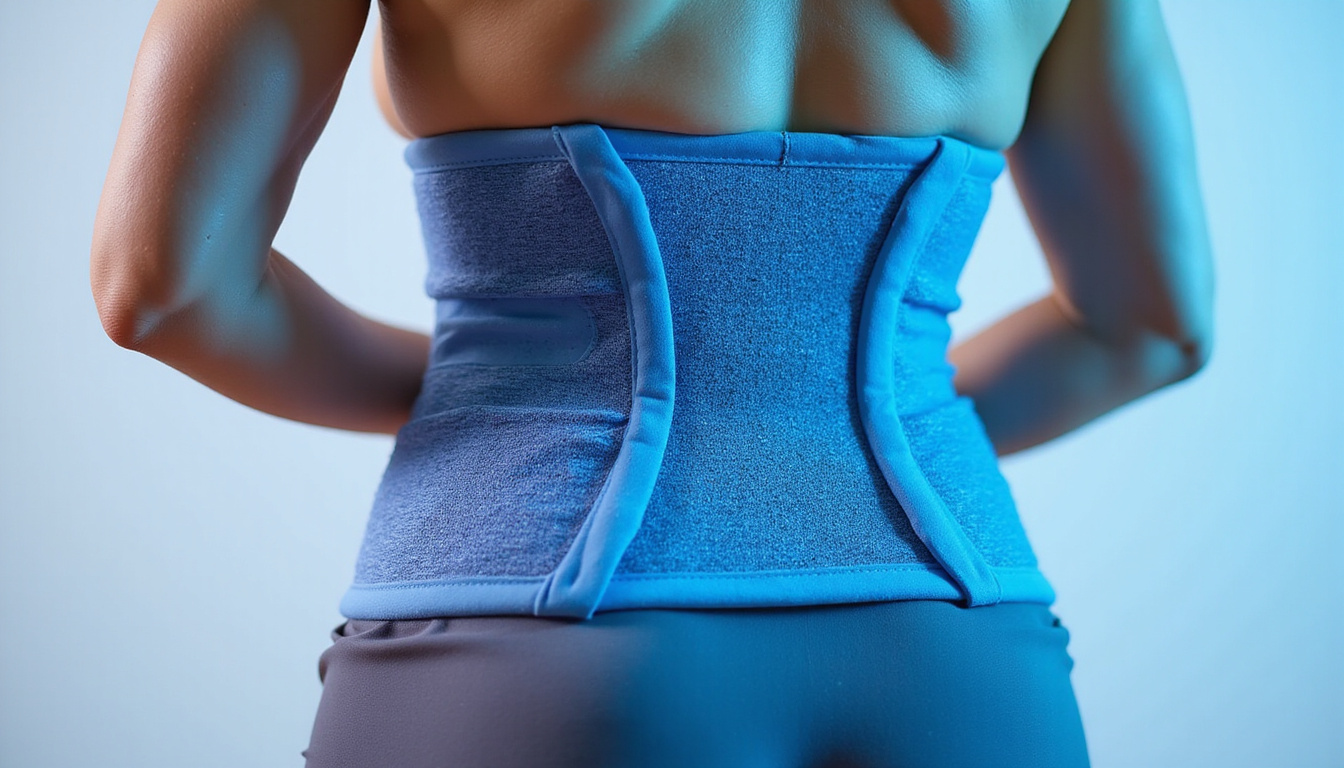 close-up of lumbar brace fitted on back, breathable mesh, adjustable straps, soothing blue tones