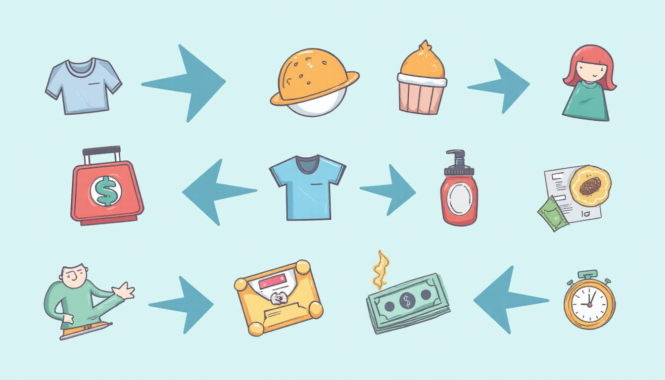  Minimalist infographic checklist with ten colorful icons: clothing, food, money, logistics, tips, arrows