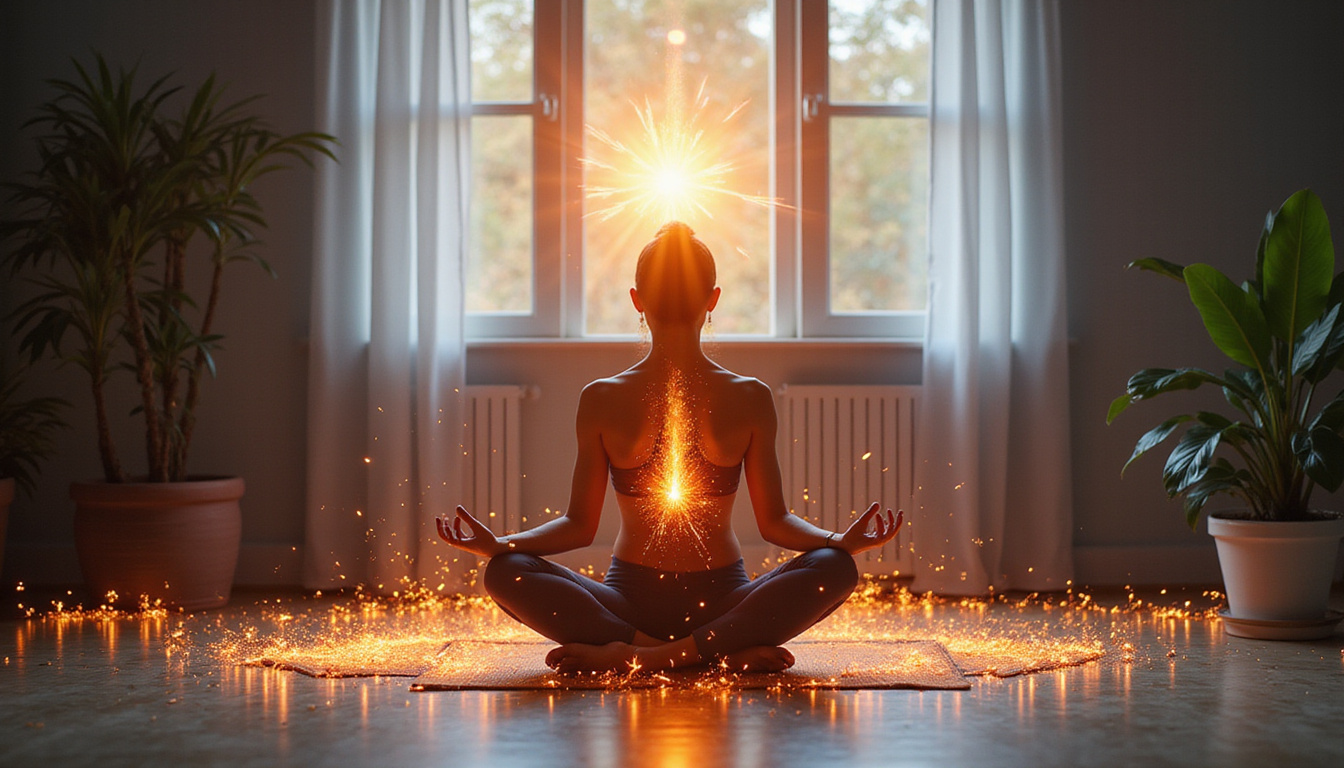 Energetic yoga flow, breathwork sparks glowing chakra energy, tidy workspace, productivity aura