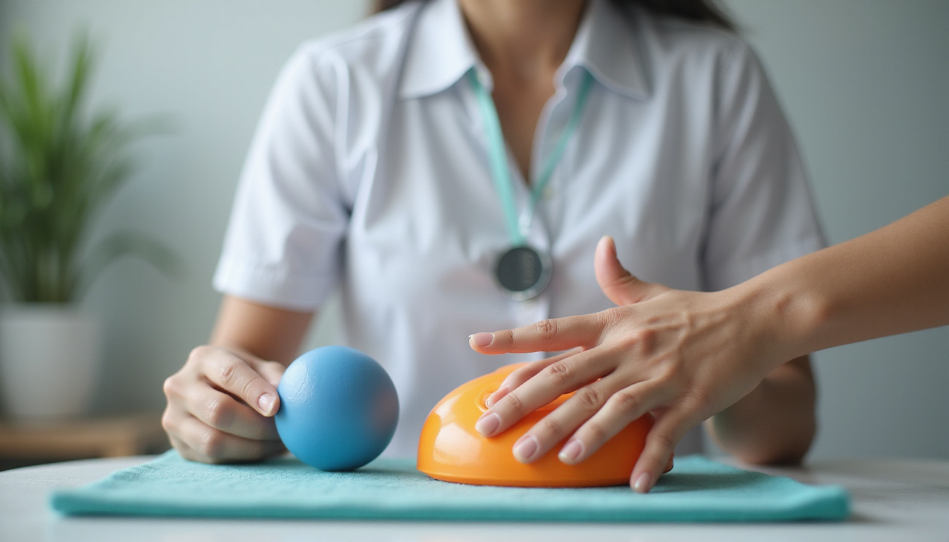  Therapist demonstrating finger-strengthening exercises beside paddle and ball, soft clinical lighting