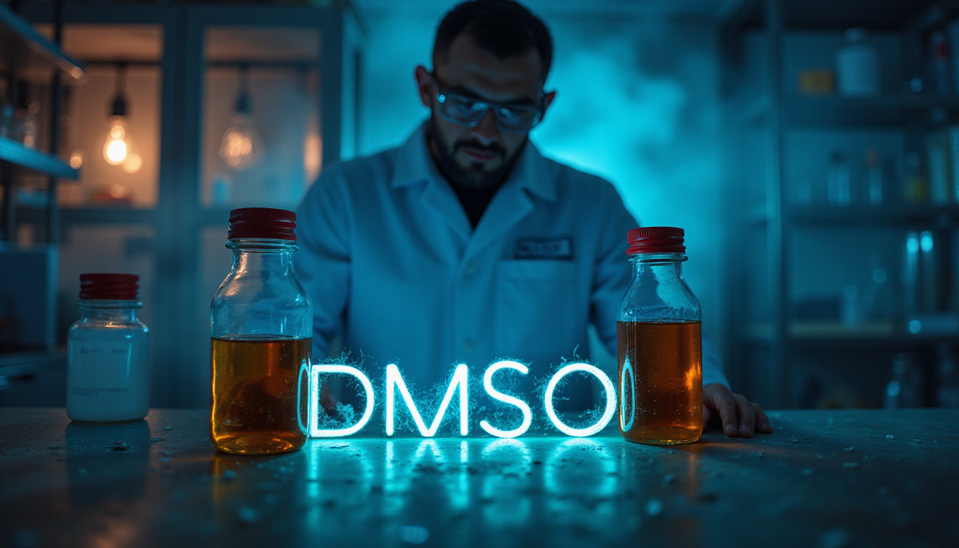 Dark laboratory shadow looming over chemical structure of DMSO, warning signs, sterile clinical tension