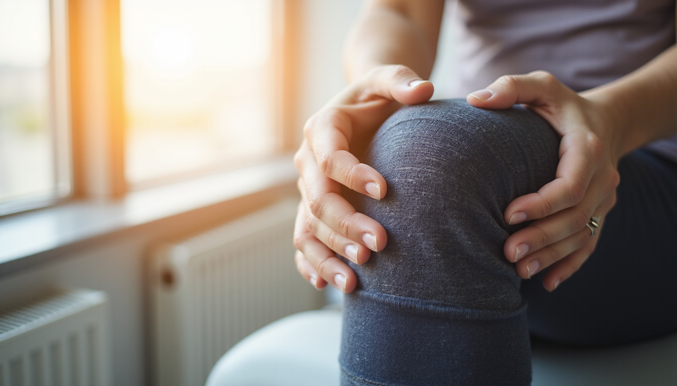 close-up of iced knee, compression sleeve, supportive hands, sunlight through clinic window