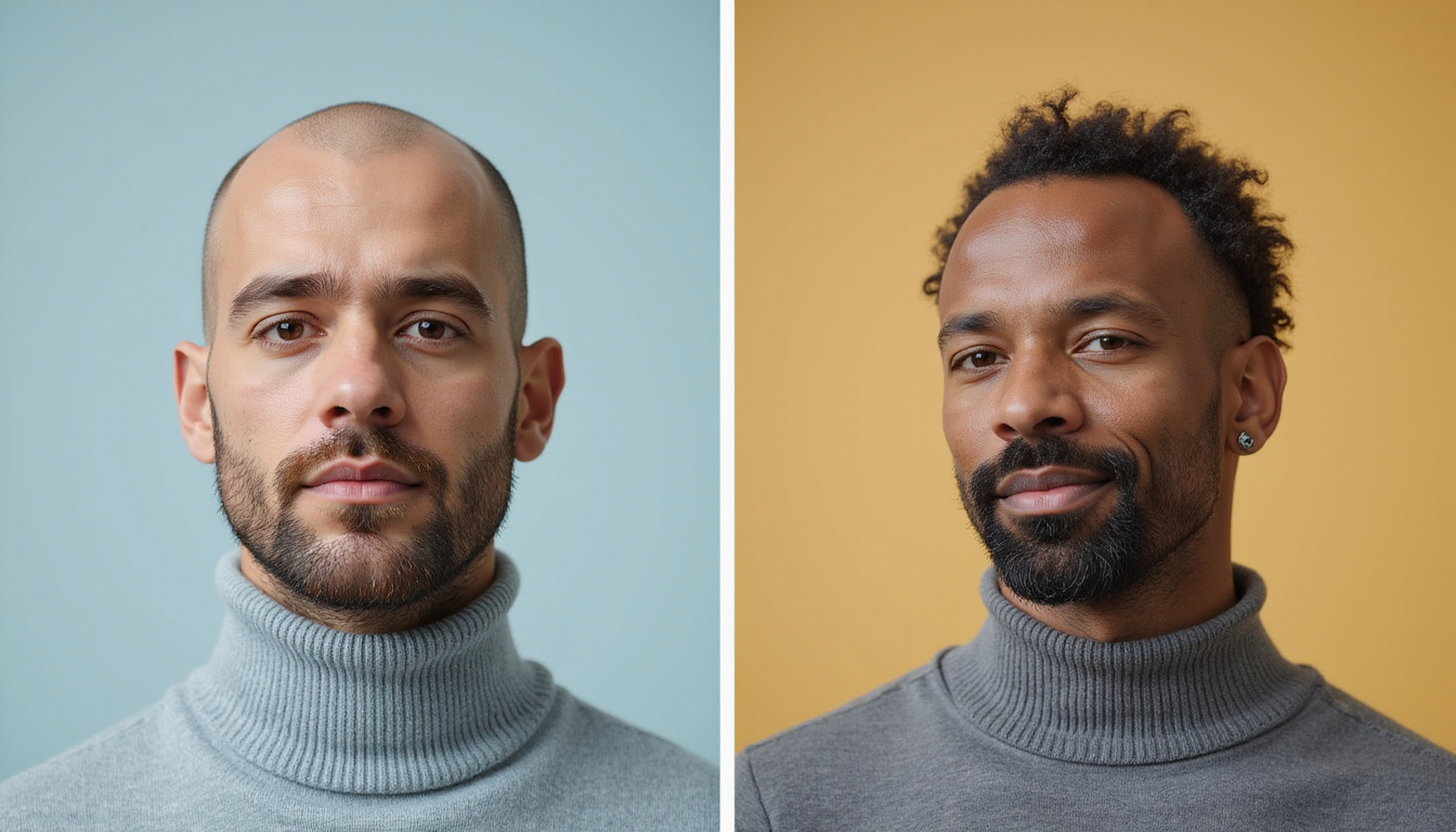  Dramatic before-and-after portrait of diverse bald man regrowing thick hair, non-surgical treatment glow