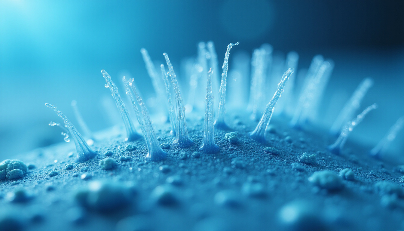  Close-up microscope view of hair follicles rejuvenating, vibrant scalp, blue clinical background