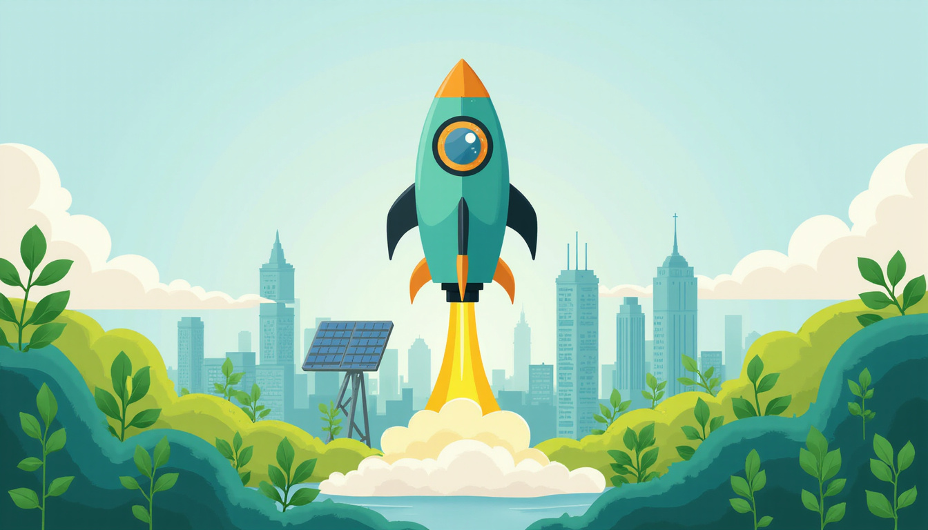 Sustainable growth rocket launching from green city, solar panels, arrows and flourishing plants