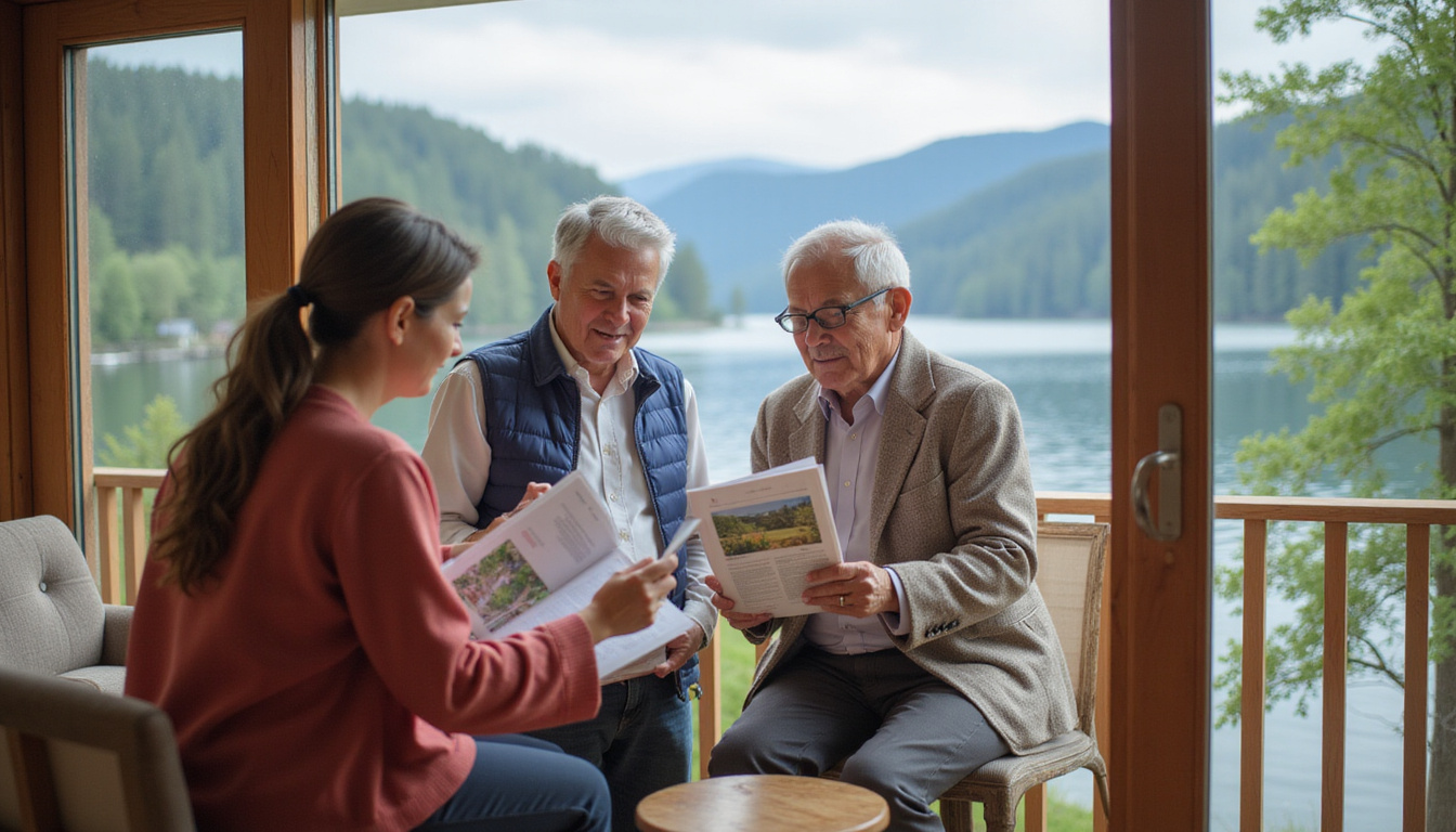  Elderly couple comparing brochures with friendly staff, cozy apartment balcony overlooking peaceful lake