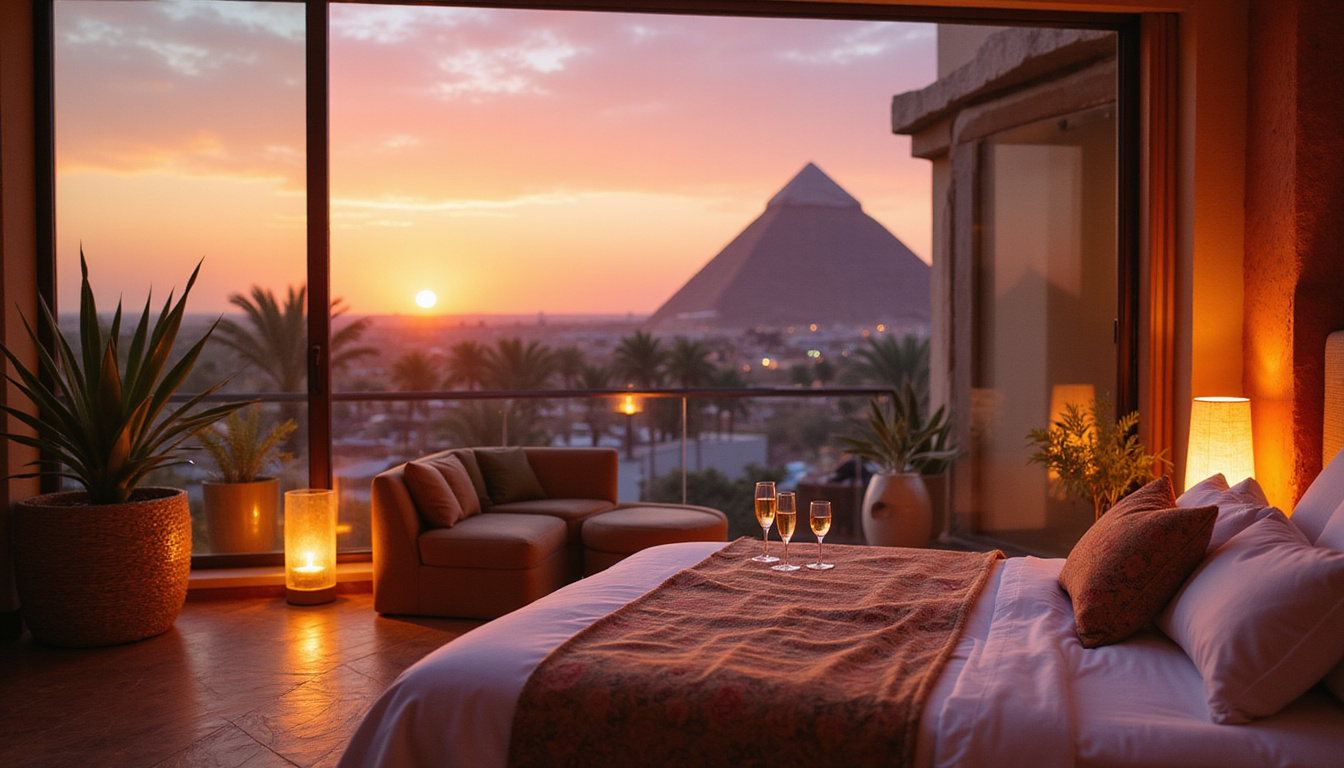  Desert resort rooftop suite at dusk, VIP upgrade keys, champagne, papyrus-inspired room decor, Sphinx silhouette