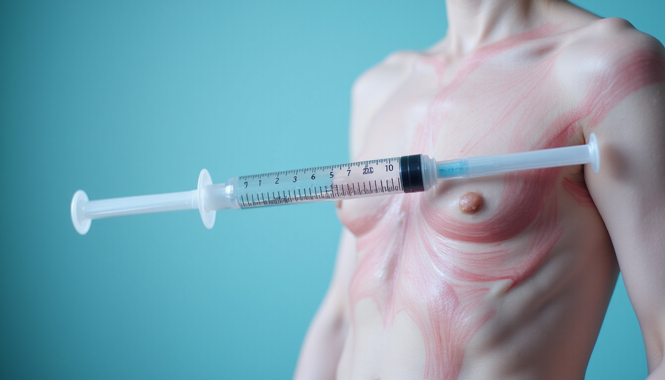  Close-up of syringe and anatomical landmarks, clear labels, educational clinical poster aesthetic, high contrast