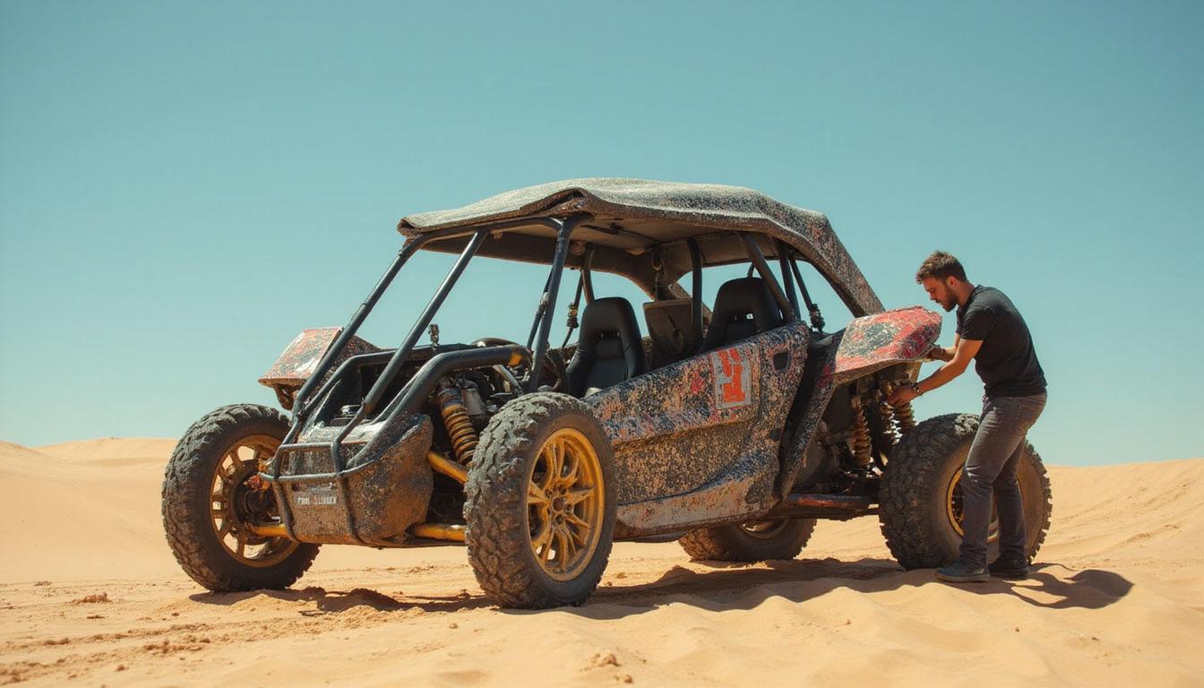 Crew installing exhaust hush kits beside sand-splattered buggy, measuring decibels, cinematic wide-angle