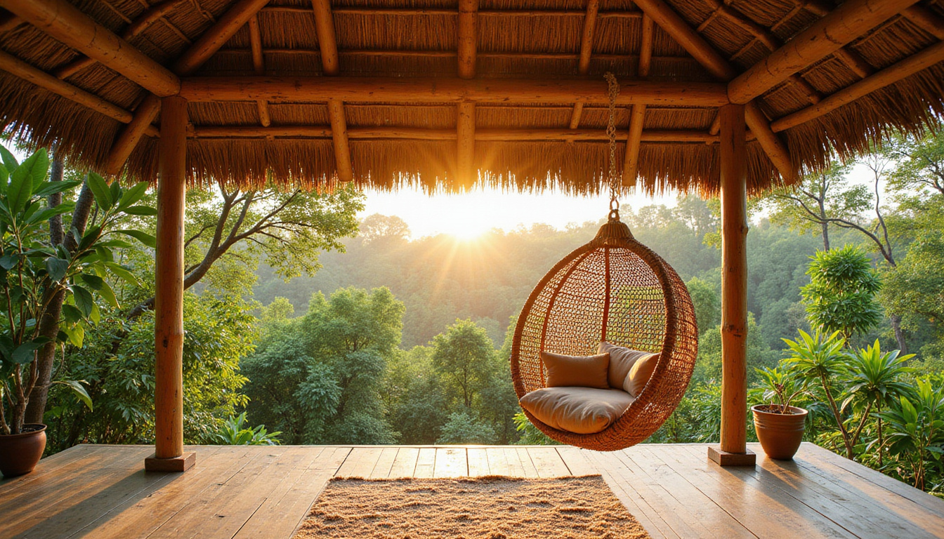  Minimalist bamboo bungalow, woven textures, hanging rattan chair, lush jungle backdrop, golden hour