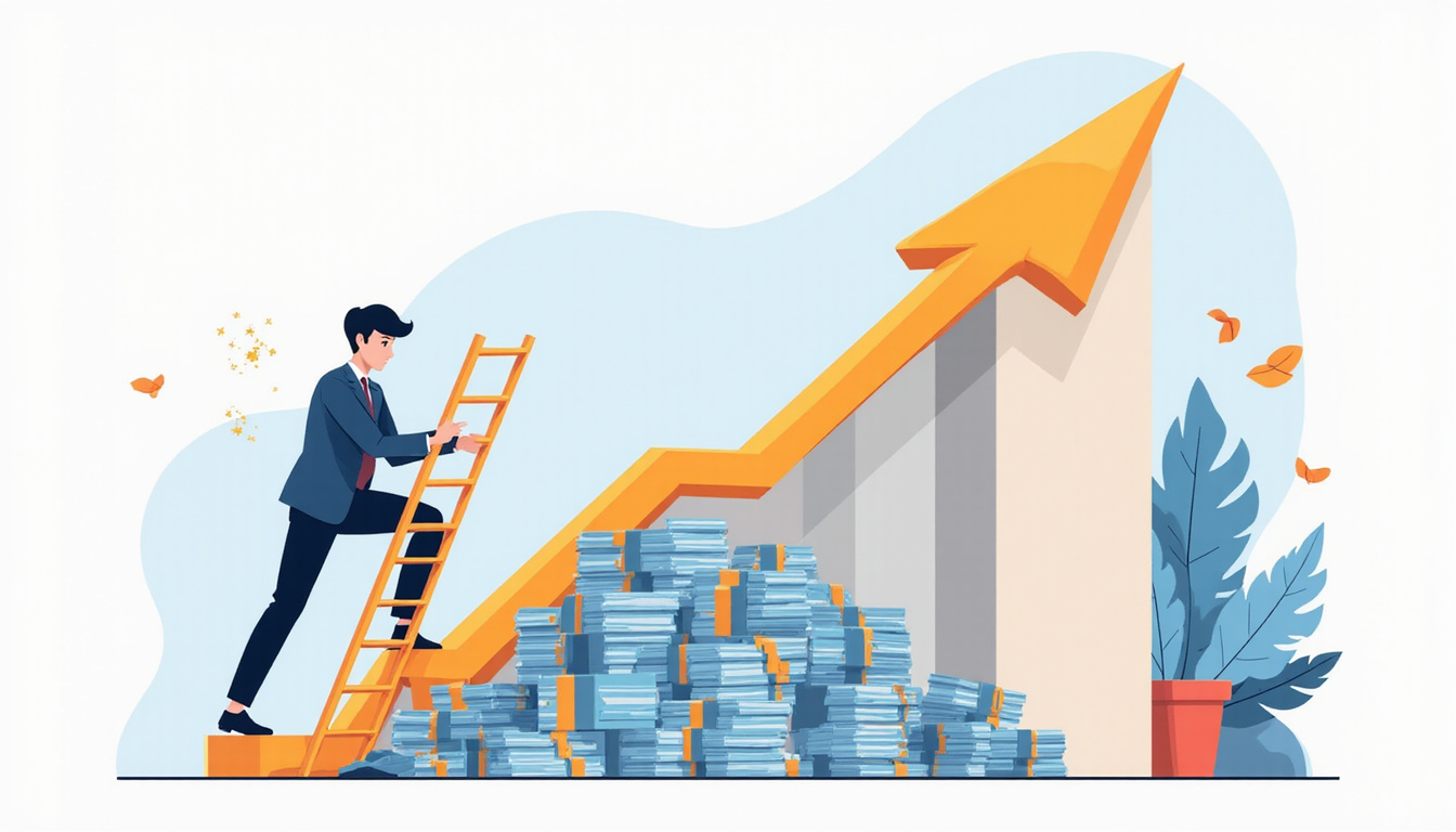  Investor rebuilding finances, climbing ladder from crumbling stock graph, bandage and safety net