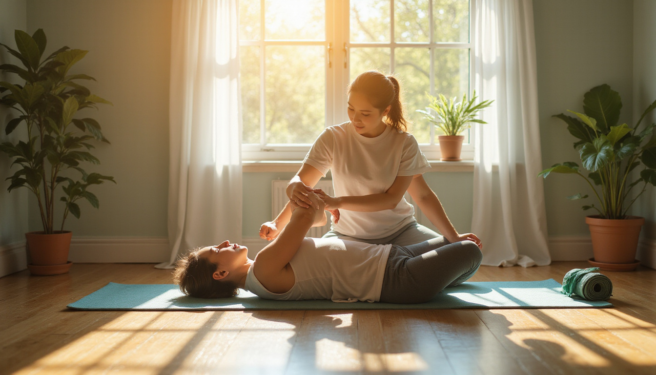  Holistic alternatives scene: physical therapist stretching patient, yoga mat, herbal tea, sunlight through window