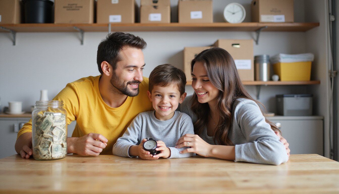  Minimalist organized garage after decluttering, labeled boxes, saved cash jar, stopwatch and smiling family
