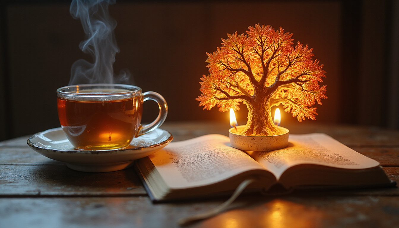  Morning ritual: steaming tea, candle, worn journal, light transforming into luminous tree