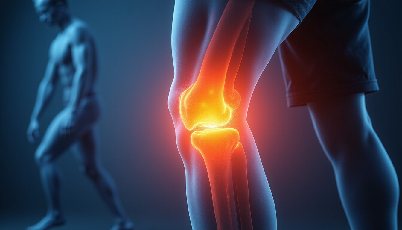  Cutaway anatomical overlay showing healthy glowing knee joint, exercises, stretching, resistance band demonstration