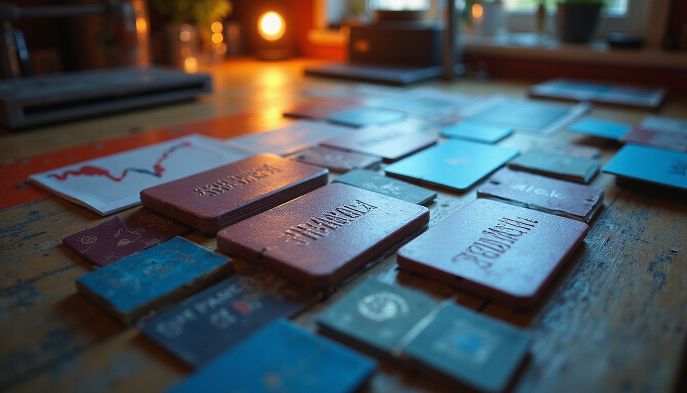  creative workspace showing printing press, embossed business cards, rising sales graph overlay, warm lighting