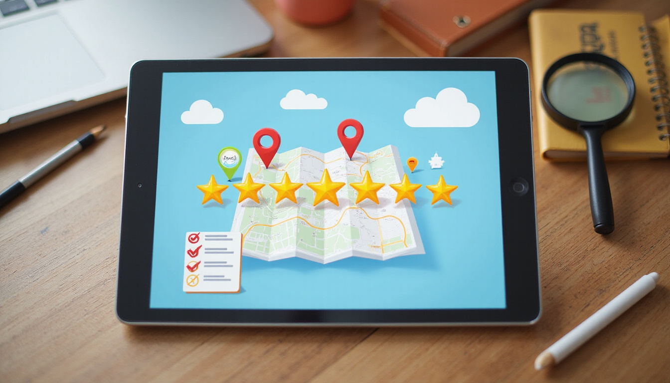  Tablet showing five-star reviews, map pins, checklist and magnifying glass on wooden desk