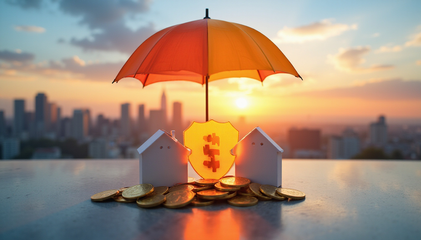 Shield umbrella protecting rental properties, coins and tenancy agreements, calm city skyline at sunset