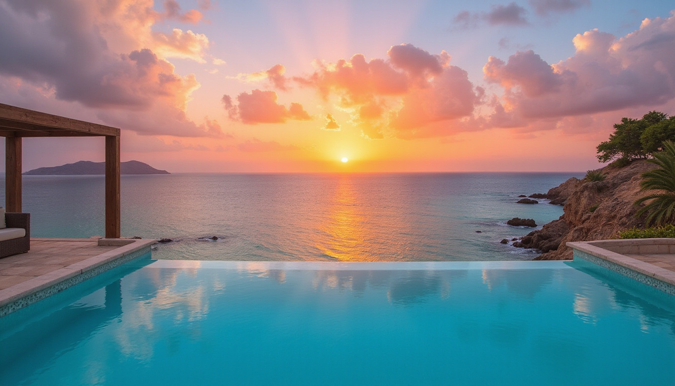  Modern Red Sea resort, infinity pool overlooking turquoise water, coral reef visible, dramatic sunset