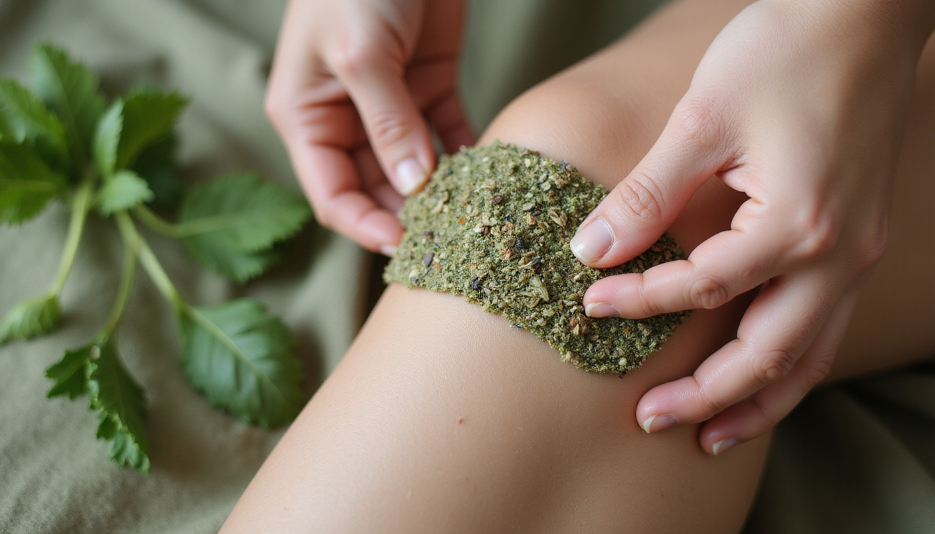  Close-up of hands applying herbal poultice to aching knee, textured fabric, healing herbs