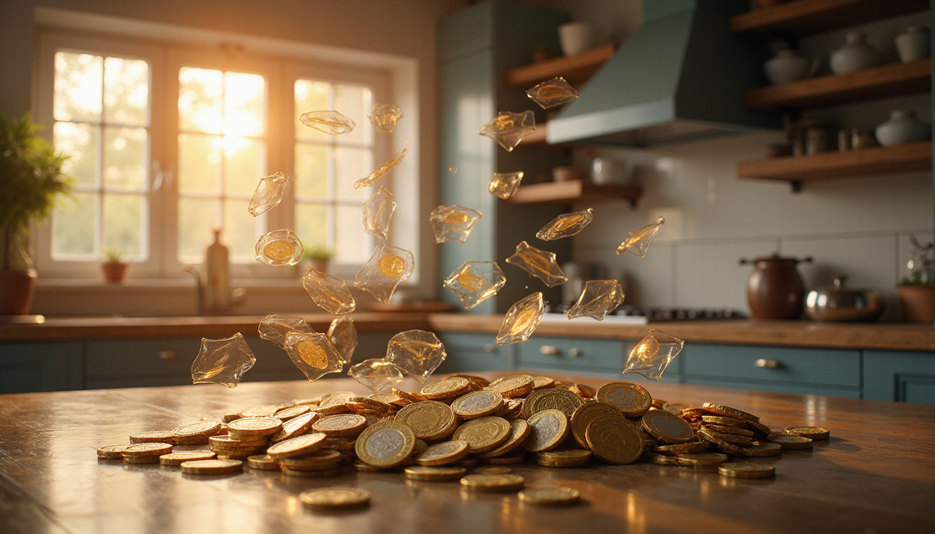  Transparent digital coins flowing through blockchain nodes paying bills automatically, warm home kitchen, soft lighting