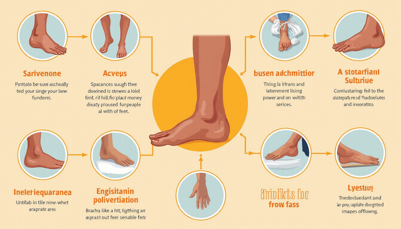  Stylized infographic of nine rehabilitation techniques surrounding restored foot, icons, warm palette