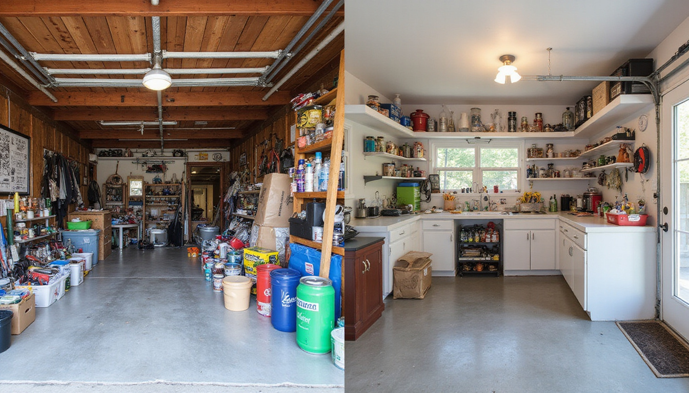  Before-and-after garage transformation, cluttered chaos to serene organized space, recycled items, dollar signs