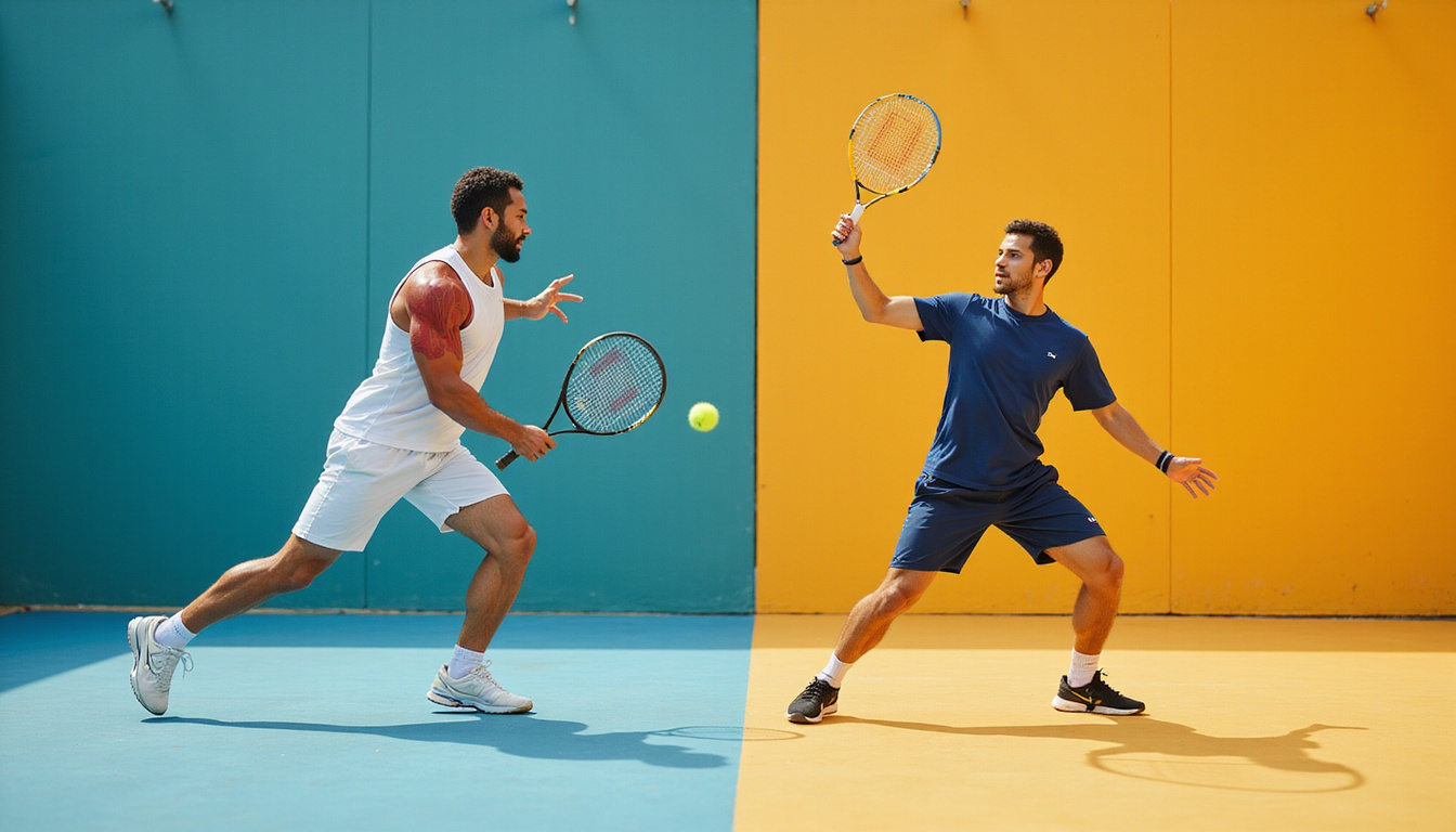 Duo practicing smarter movement, anatomical muscle highlights, split-second sequence frames on outdoor court