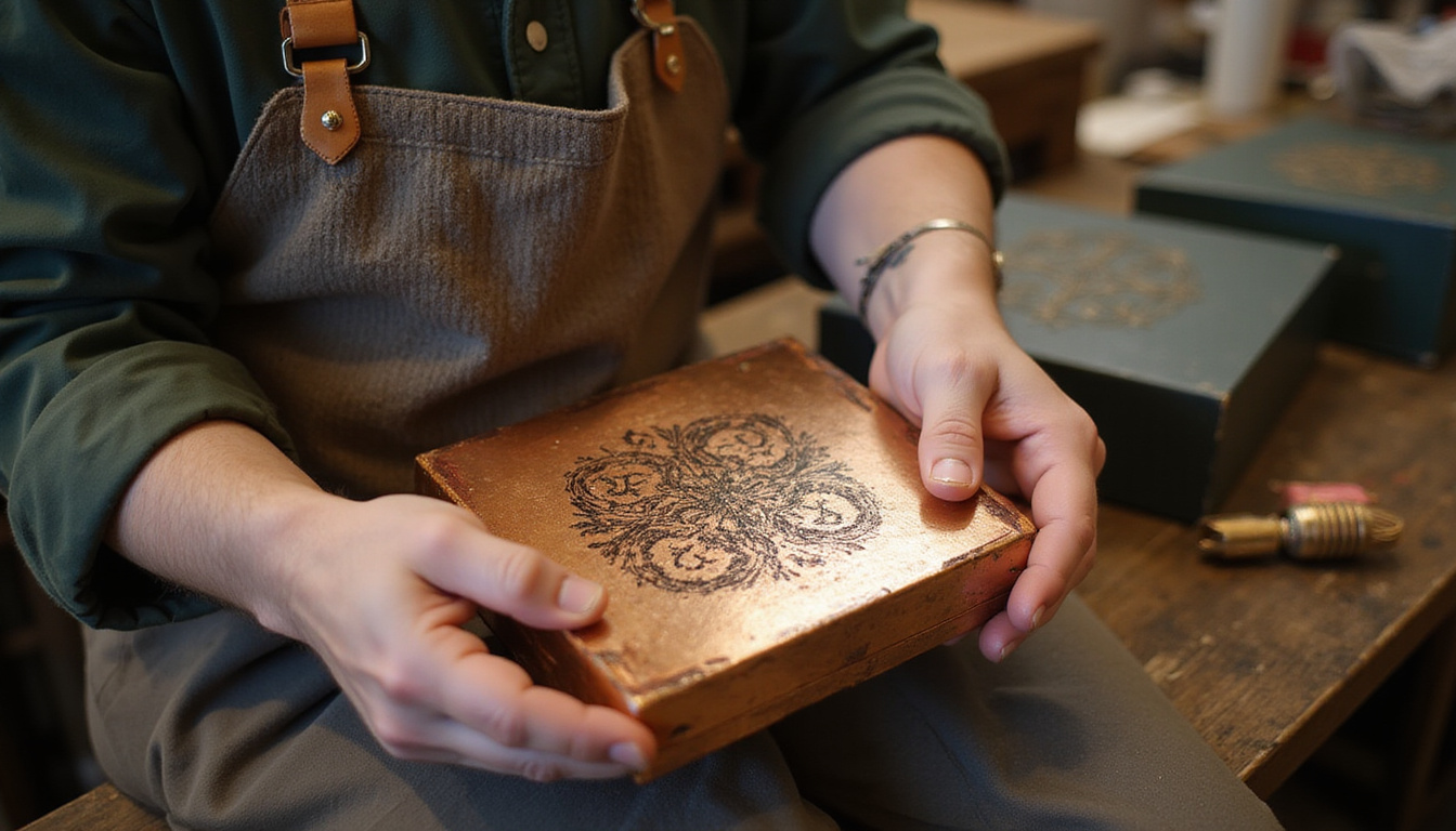  Artisan applying copper foil stamping to bespoke boxes, vintage press, warm studio light, tactile details