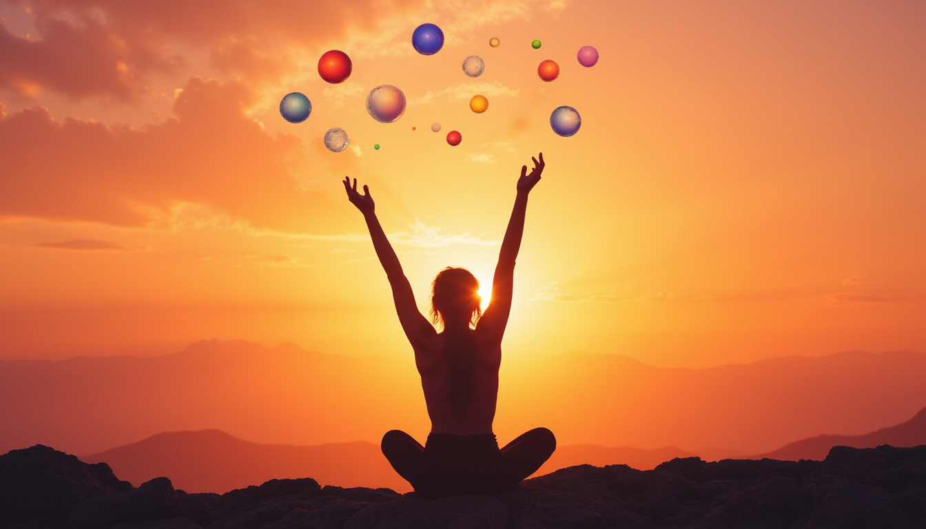  Serene human silhouette with colorful hormone orbs balancing weight, mood, and vitality, soft sunrise