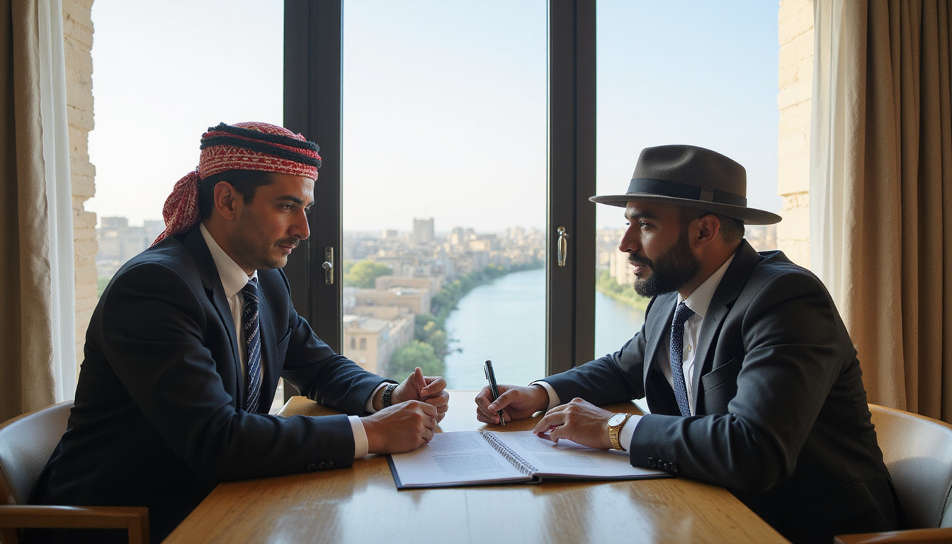  Lawyer in traditional galabeya reviewing property contract, Nile river view, modern apartment