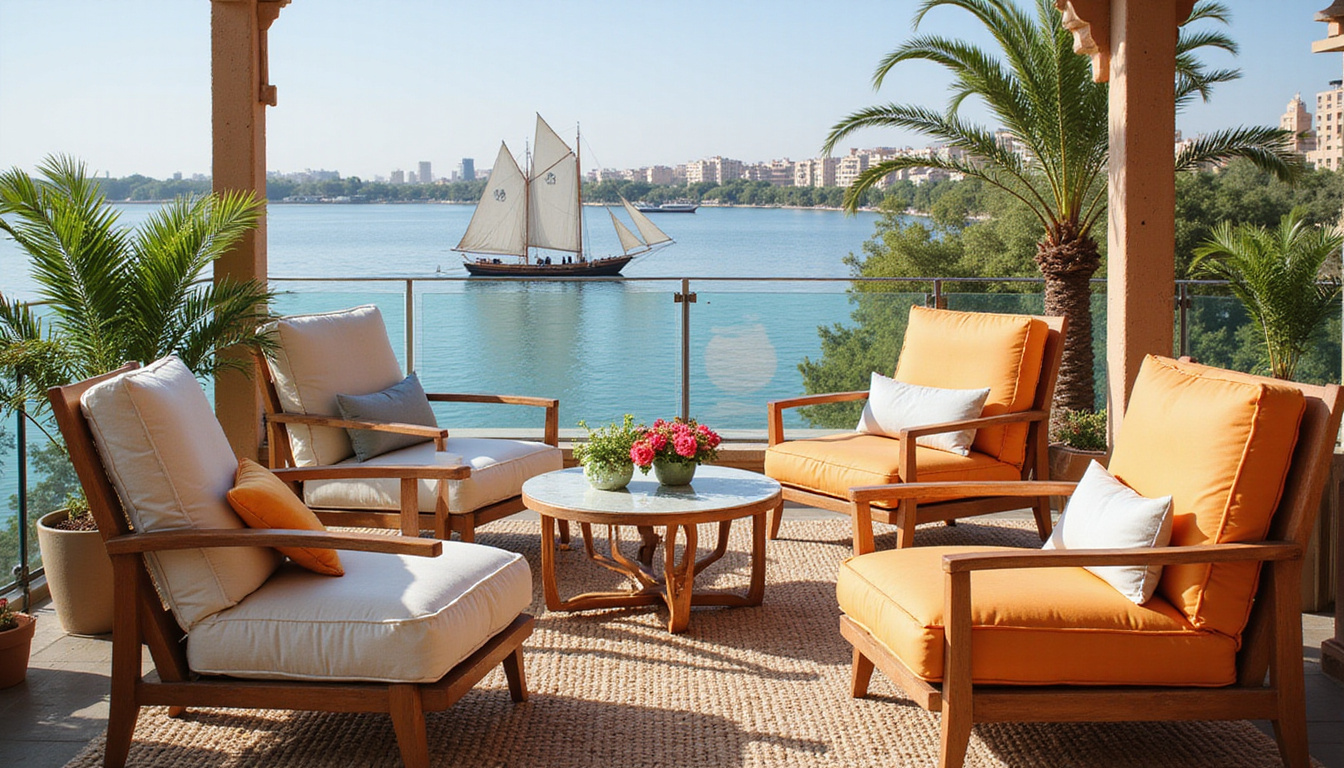  Economical Zamalek boutique hotel balcony, mismatched chairs, morning felucca traffic on Nile