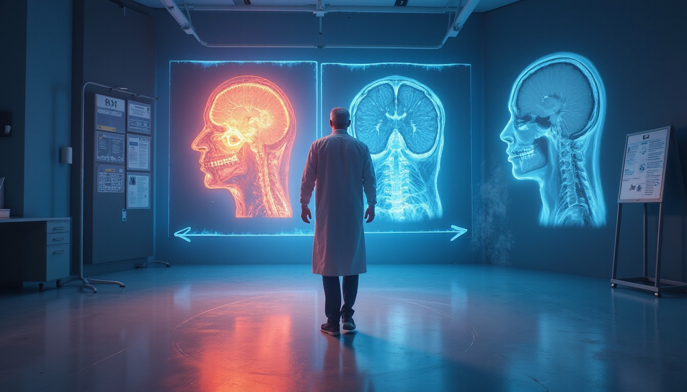  Cinematic clinic scene, patient at crossroads, MRI overlay of cartilage damage, treatment pathway signs