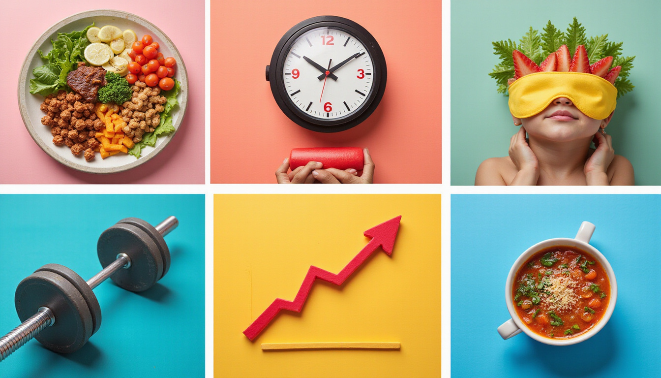  Collage of healthy meals, HIIT timer, barbell, sleep mask, upward graph, vibrant colors