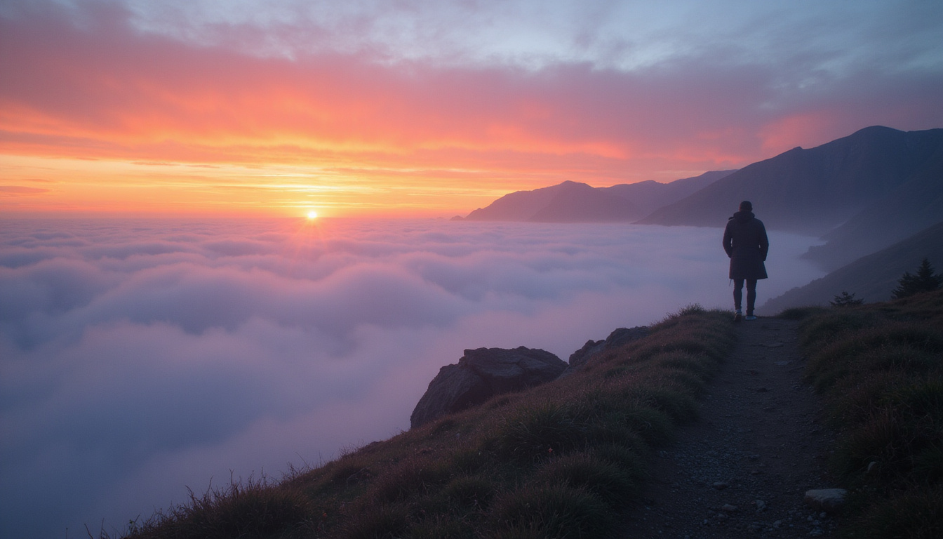 Foggy coastline at dawn, lone figure silhouetted, cinematic framing, suspenseful opening moment