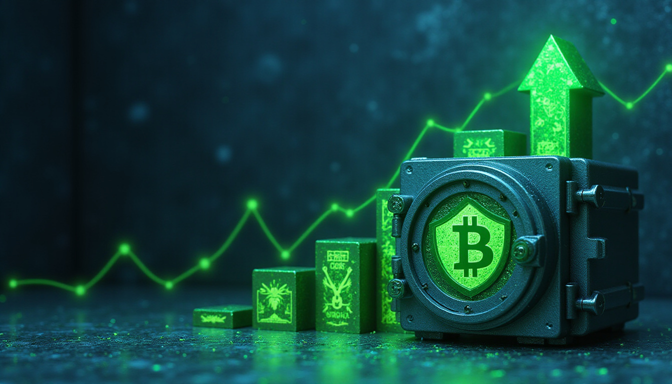  Secure blockchain vault, shielded digital blocks scaling upward, green efficiency arrows, minimalist cyberpunk skyline