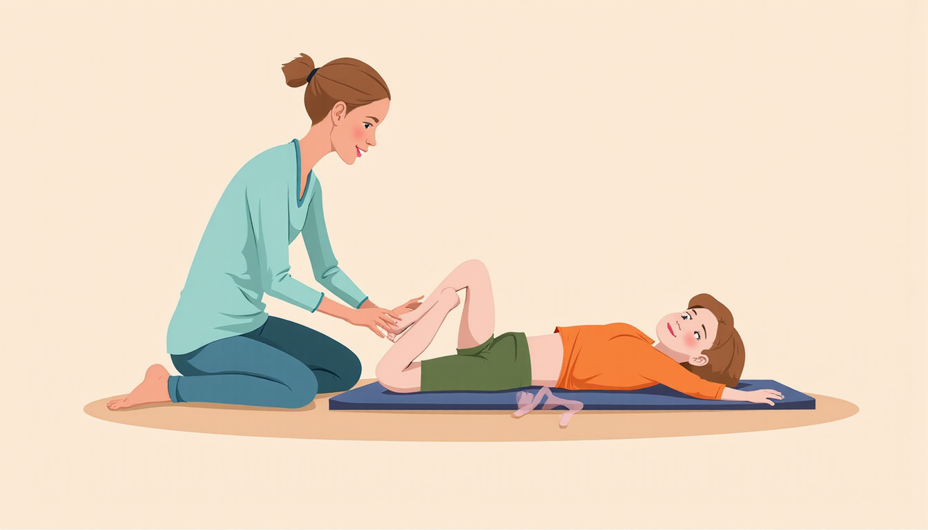  Physiotherapist guiding pelvic tilt and knee-hug sequence, clean infographic style, soft colors, clear alignment cues