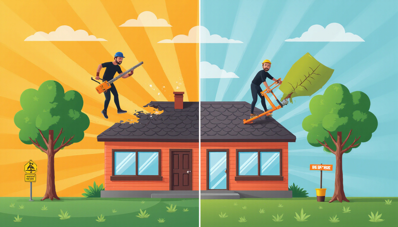 Split-scene: careless DIY causing roof damage versus professional safe tree removal, warning signs
