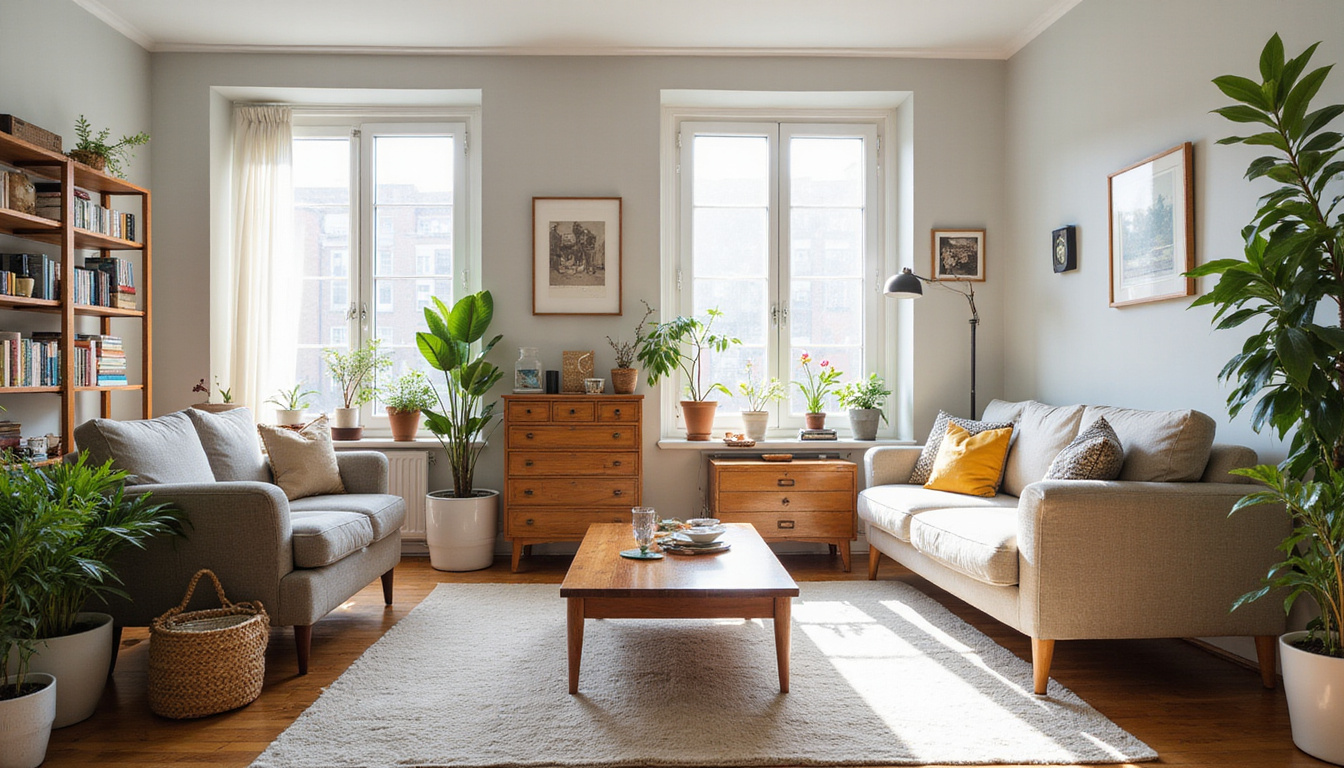  Before-and-after living room: cluttered to minimalist, items stacked neatly, sunlight streaming