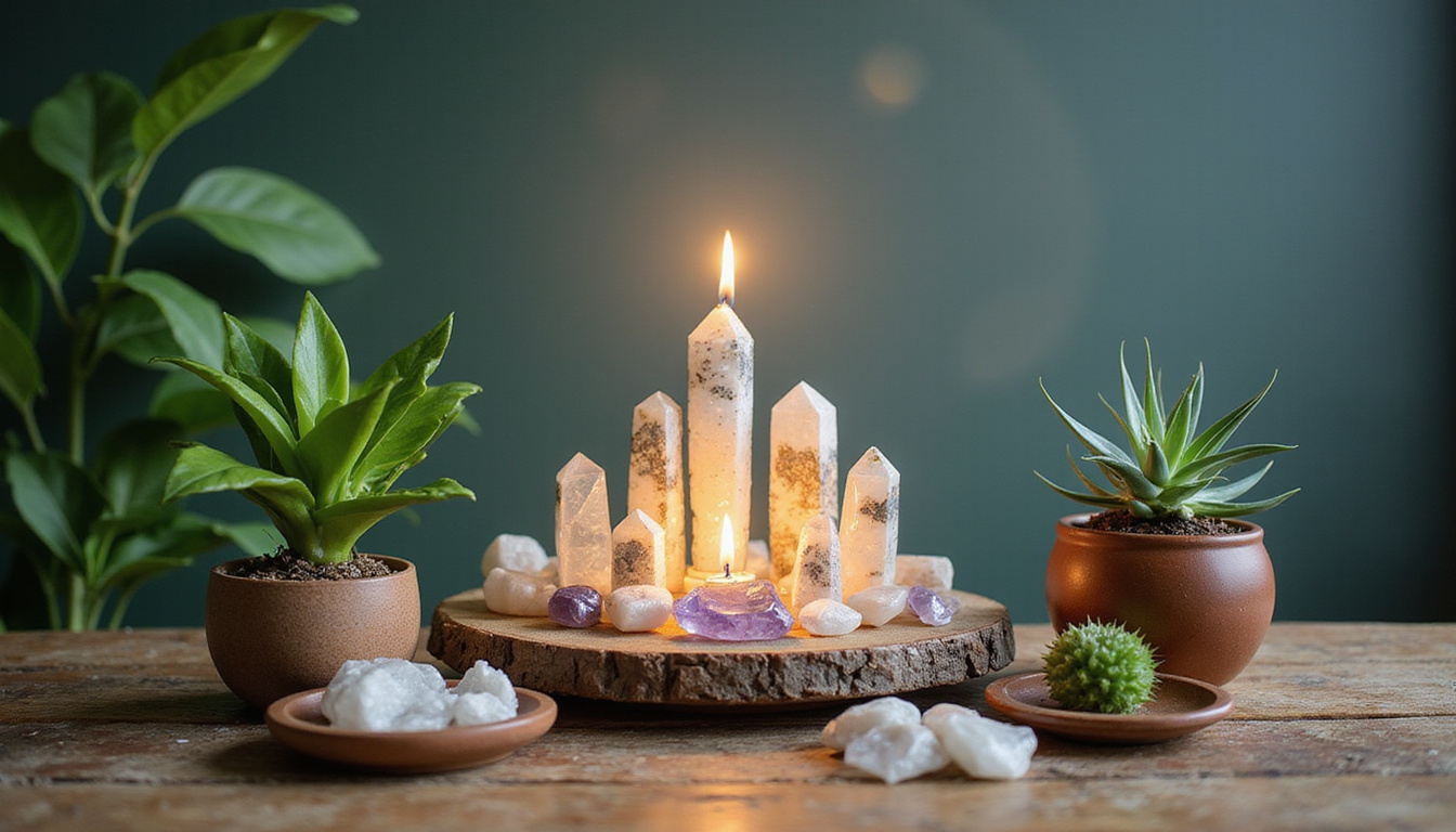  Online spiritual business altar, crystals and plant, rising profit graph, diverse team collaborating