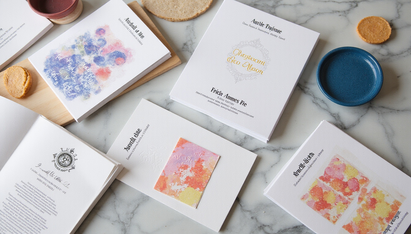  Premium printed materials displayed on marble surface, embossing, letterpress, rich colors, elegant composition