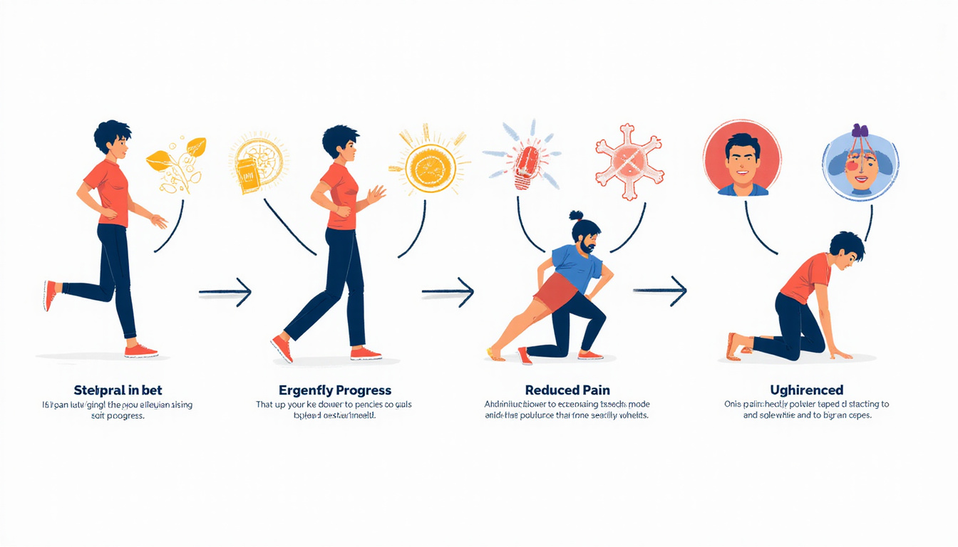  Sequential illustrated steps showing exercises, progress icons, reduced pain symbols, vibrant friendly colors
