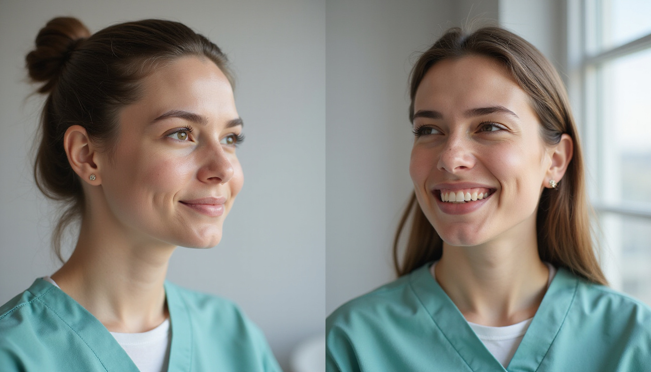  Before-and-after panoramic scalp images, realistic natural results, patient smiling, warm clinical lighting