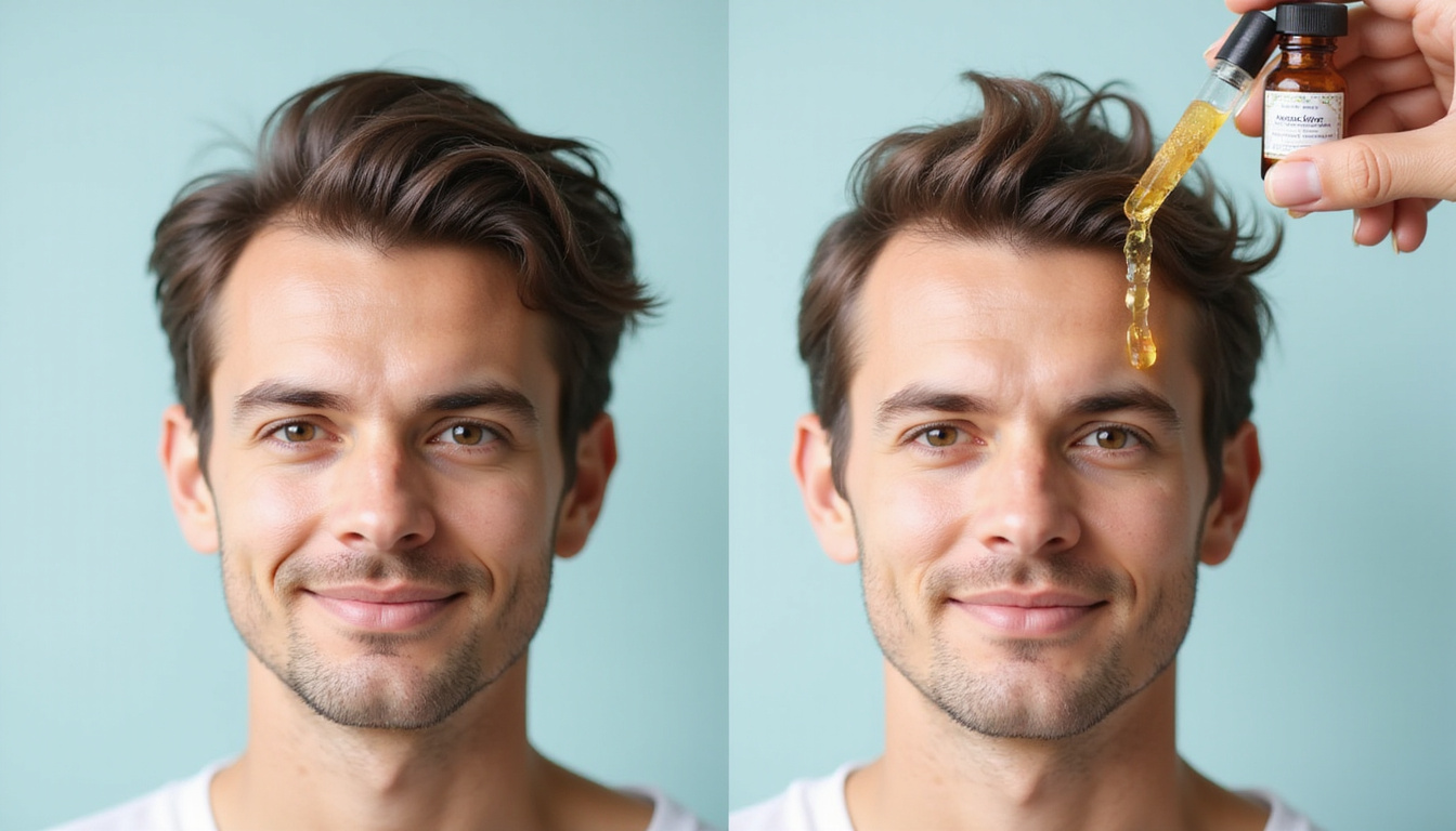  Close-up scalp before and after regrowth, vitamins, topical serum bottle, clinical clean background
