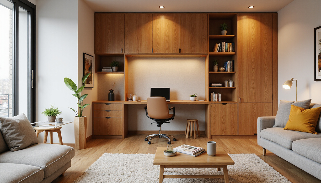  Compact urban duplex, foldaway furniture, under-stair office, sliding partitions, warm wood textures
