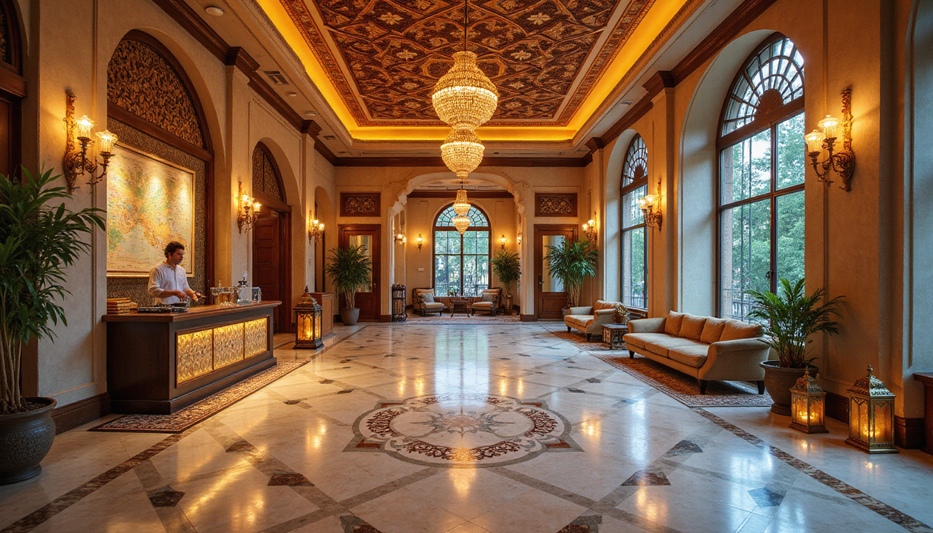 Opulent hotel lobby with Arabic geometric patterns, concierge assisting travelers, travel maps, warm lanterns